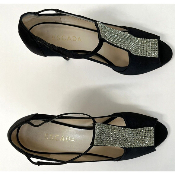 ESCADA Crystal Jeweled Satin T-Strap Heeled Shoes Size 39.5/9 US Peep Toe - Picture 2 of 13